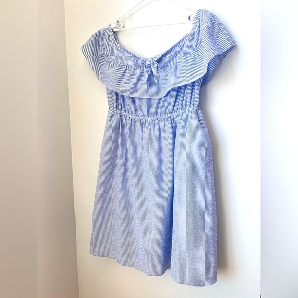 Eloquii Off the Shoulder Seersucker Dress Women's 18 Ruffle Overlay Blue White - Picture 2 of 12